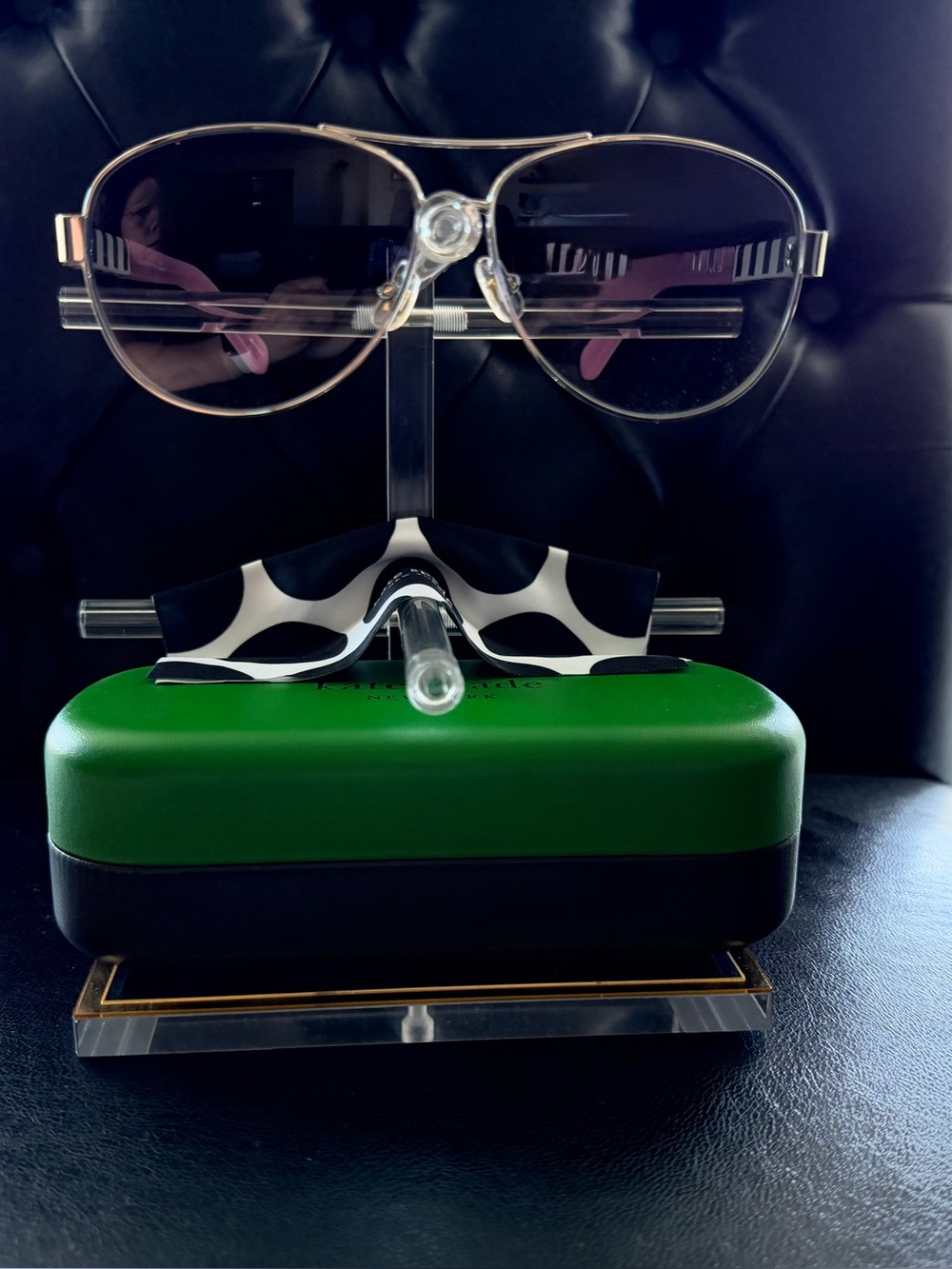 Kate Spade Aviator Sunglasses silver rims lilac handles & blk white accents NWT